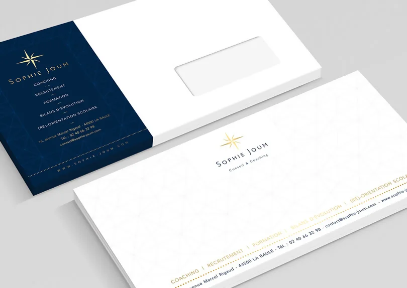 Création graphique enveloppes et cartes de correspondance Cabinet Conseil et Coaching Sophie Joum La Baule