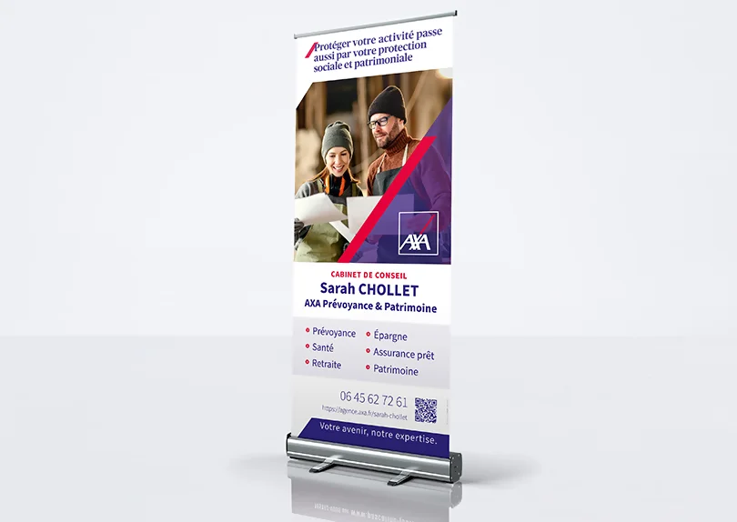 Création et impression d'un roll-up pour un agent d'assurance AXA par CIMAJINE graphiste à Saint-Nazaire