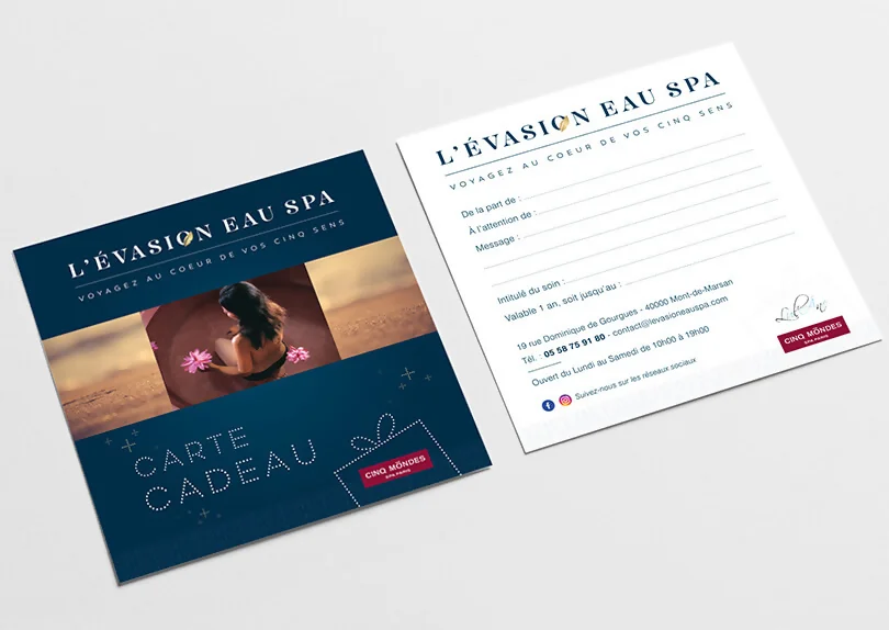 Création logo et carte cadeau pour L'EVASION EAU SPA par CIMAJINE, graphiste à Saint-Nazaire